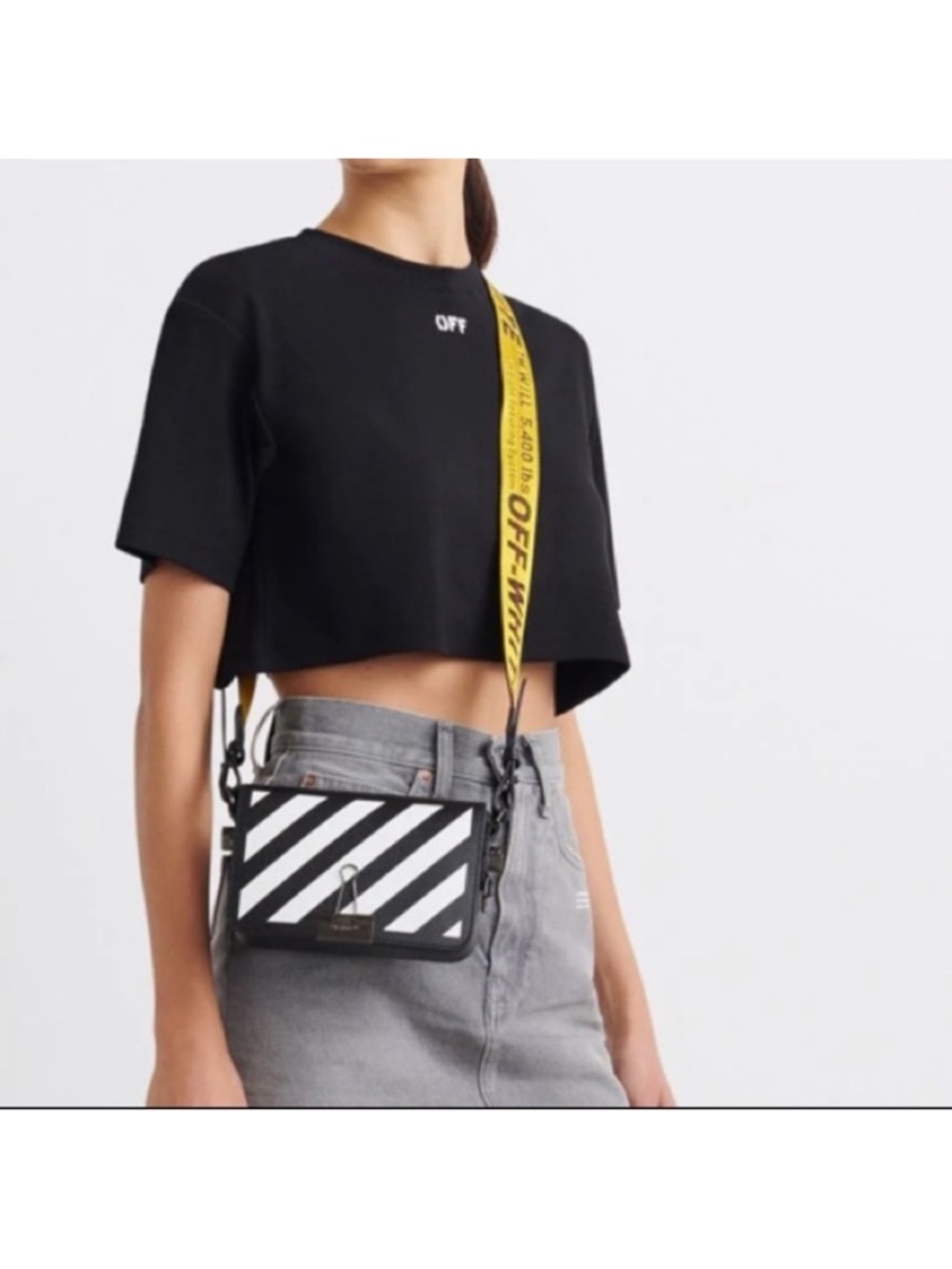 Off-White Black & White Diagonal Stripe Crossbody with Yellow Strap